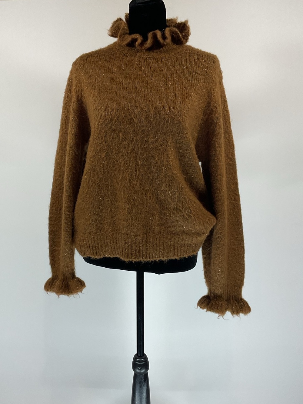 Louise Misha Brown fuzzy Ruffle Neck Metallic Knit Sweater